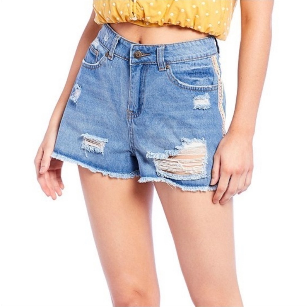 Chelsea & Violet high waist ribbon stripe distressed jean shorts